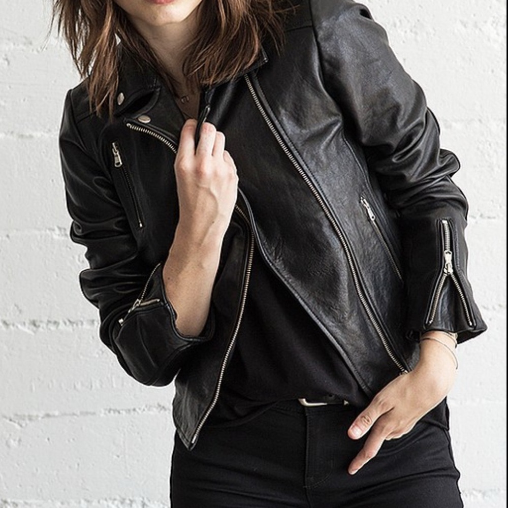 DSTLD Black Leather Biker Jacket for Women